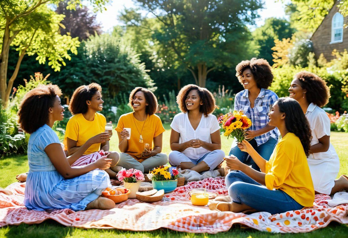 A vibrant scene of a diverse group of ambitious women joyfully connecting in a sunlit garden, sharing laughter and ideas. Include elements like colorful flowers, a picnic blanket, and uplifting quotes floating in the air. The atmosphere should be empowering and filled with warmth, showcasing unity and camaraderie. super-realistic. vibrant colors. natural setting.