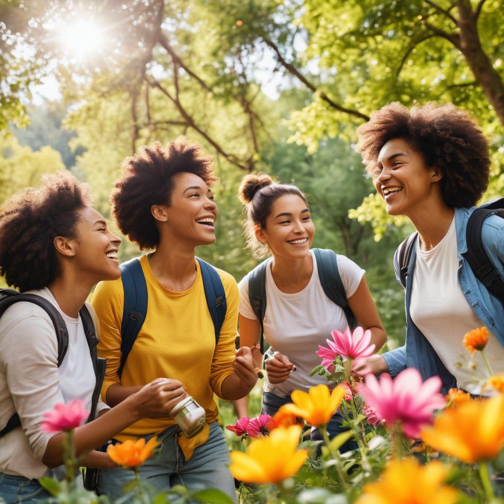 A diverse group of ambitious women of different ethnicities joyfully engaging in various empowering activities, such as hiking, painting, and brainstorming in a sunlit park. They are smiling and showcasing a sense of teamwork and support, with vibrant flowers and trees in the background. The scene radiates positivity and motivation, inviting viewers to join in the journey. super-realistic. vibrant colors. uplifting atmosphere.